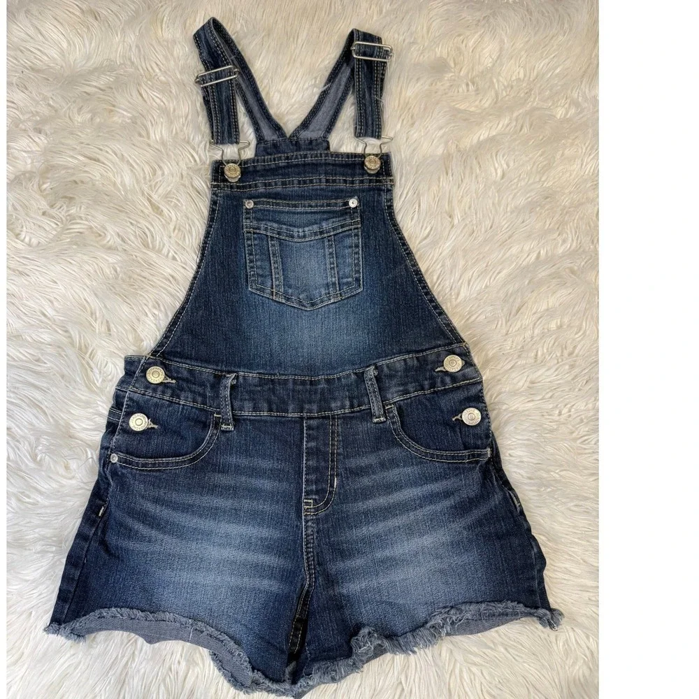 Jordache Girls Denim Shortalls Dark Wash Frayed Hem Overalls Size L 10-12